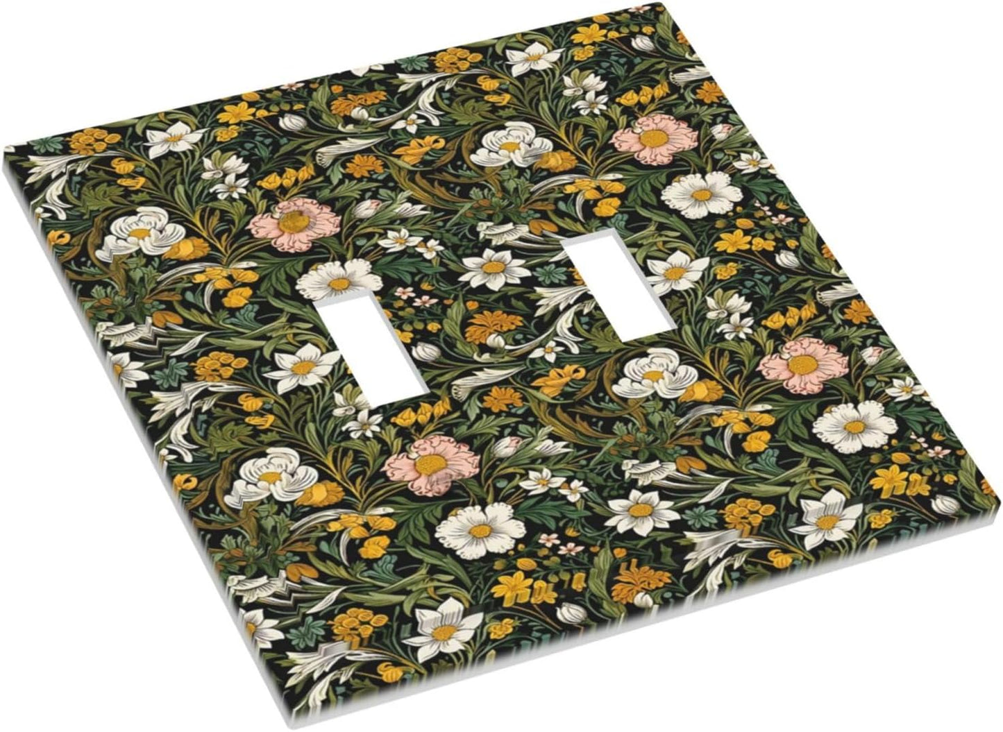 Decorative Light Switch Plate Covers Rustic Green Leaf White Daisy Yellow Floral 2 Gang Light Switch Cover Plate Unique Double Toggle Wall Plate Outlet Covers Faceplate for Bedroom Decor