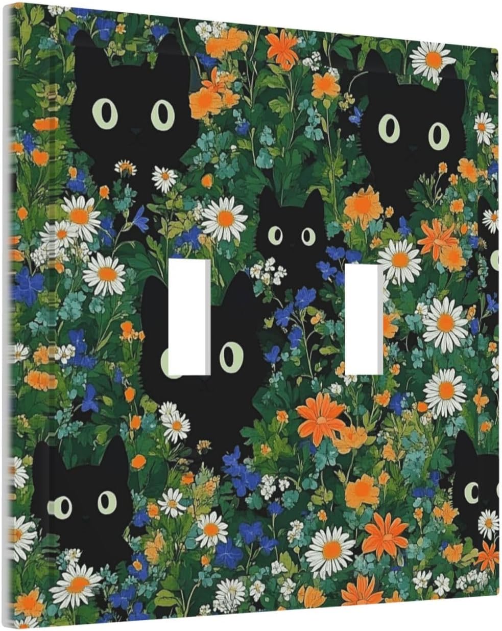 Boho Funny Black Cute Cats Daisy Wildflower Decorative Switch Plates 2 Gang Double Toggle Outlet Light Switch Cover Wall Plate Electrical Faceplate For Kids Room Bed Room Decor