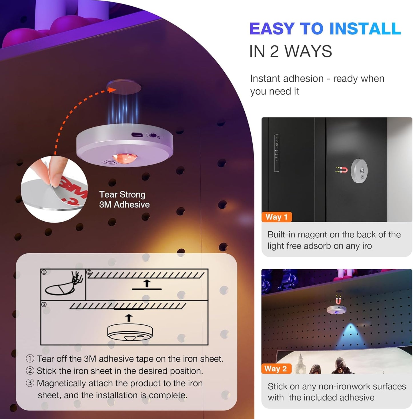 RGB Puck Lights with Remote Control, 2000mAh Battery Operated Tap Lights Rechargeable, 9 Colors & 2 Dynamic Changing Under Cabinet Lighting, Magnetic Stick on Light for Closet(Silver, 5 Pack)