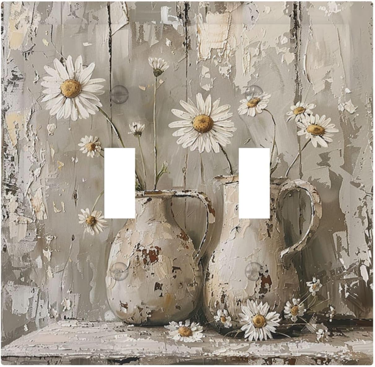 Decorative Switch Plates Vintage Rustic Floral White Daisy Flower Oil Painting Style 2 Gang Double Toggle Outlet Light Switch Cover Wall Plate Electrical Faceplate for Home Farmhouse Decor