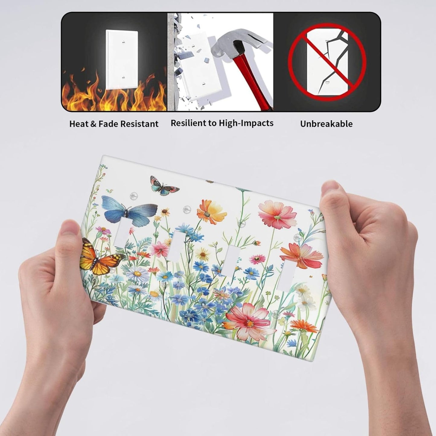 Decorative Light Switch Cover Plate Rustic Wildflower Blue Pink Floral Butterfly 4 Gang Wall Plates for Electrical Outlets Quad Toggle Switch Plate Covers Outlet Covers for Bedroom Decor