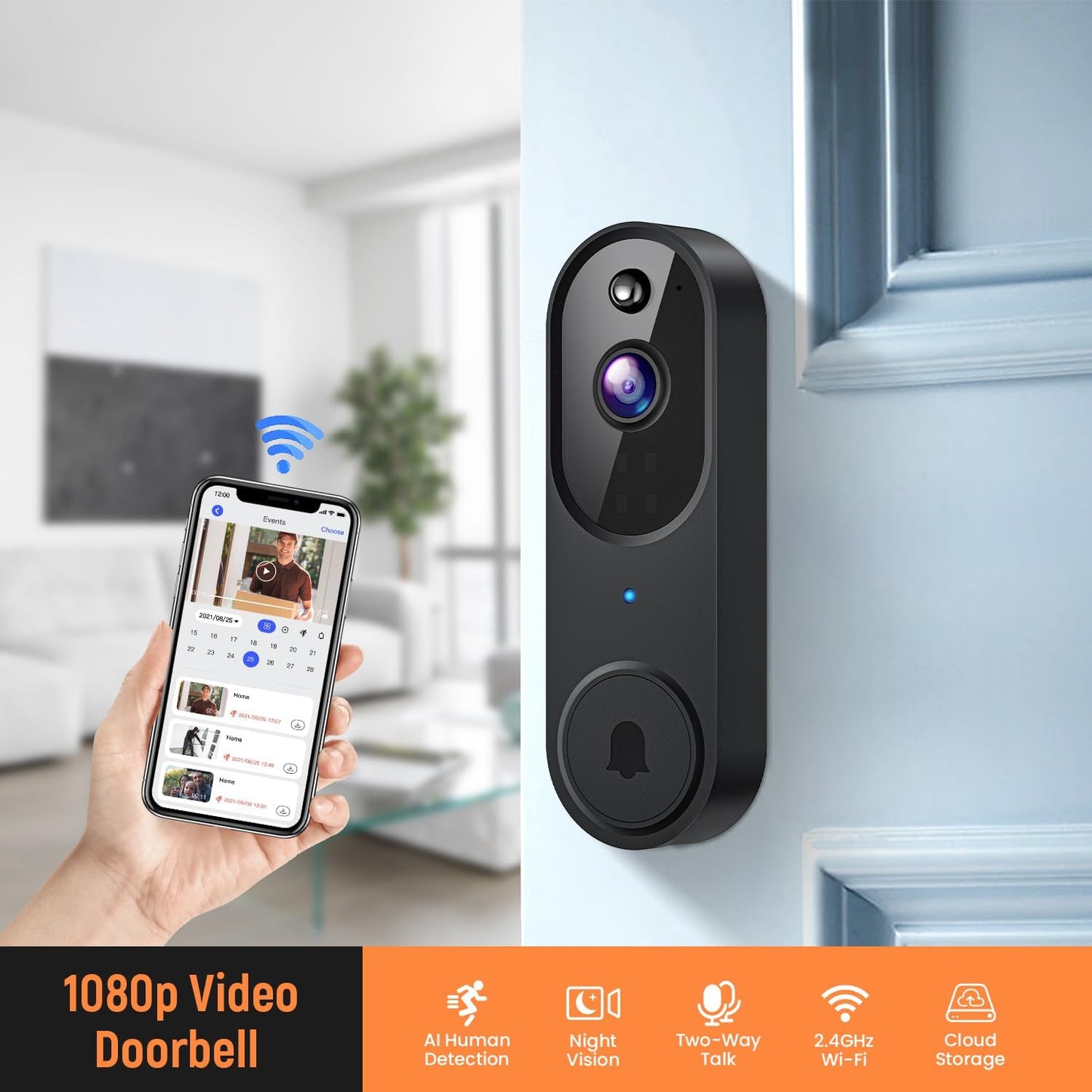 Smart Video Doorbell Camera Wireless, AI Human Detection and Instant Alerts, Night Vision, 2-Way Audio, Battery Powered, Cloud Storage Sold Seperately, 2.4G WiFi (Chime Included)