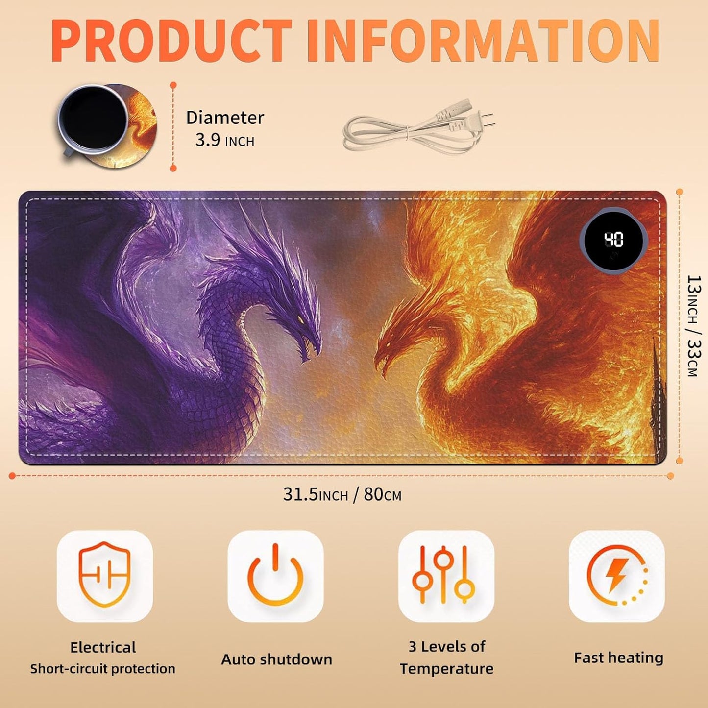 Heated Mouse Pad 31.5x13 in 3-Temp Fast Heating Desk Mat with Auto Timer Warmer for Hands Wrist Pain Relief Waterproof Keyboard Mat for Office, Gaming, Home, Dragon Battle Art