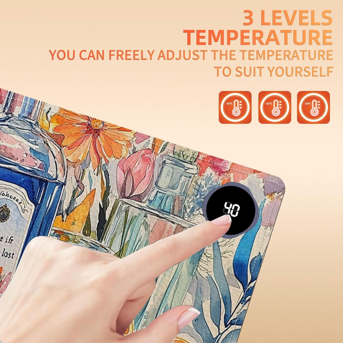 Heated Mouse Pad 31.5x13 in 3-Temp Fast Heating Desk Mat with Auto Timer Warmer for Hands Wrist Pain Relief Waterproof Keyboard Mat for Office, Gaming, Home, Floral Kitchen