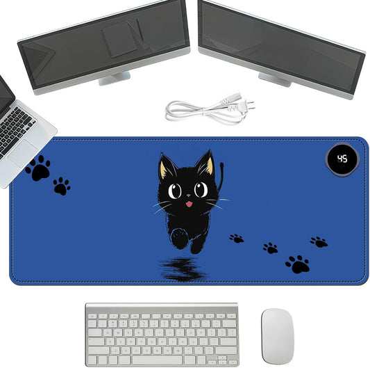 Heated Mouse Pad with 3 Temperature Settings(104°F–122°F),Large 31.5x13 Inch PU Leather Heated Desk Mat,Waterproof Warming Pad for Office,Gaming & Cold Hands Relief,Cute Black Cat