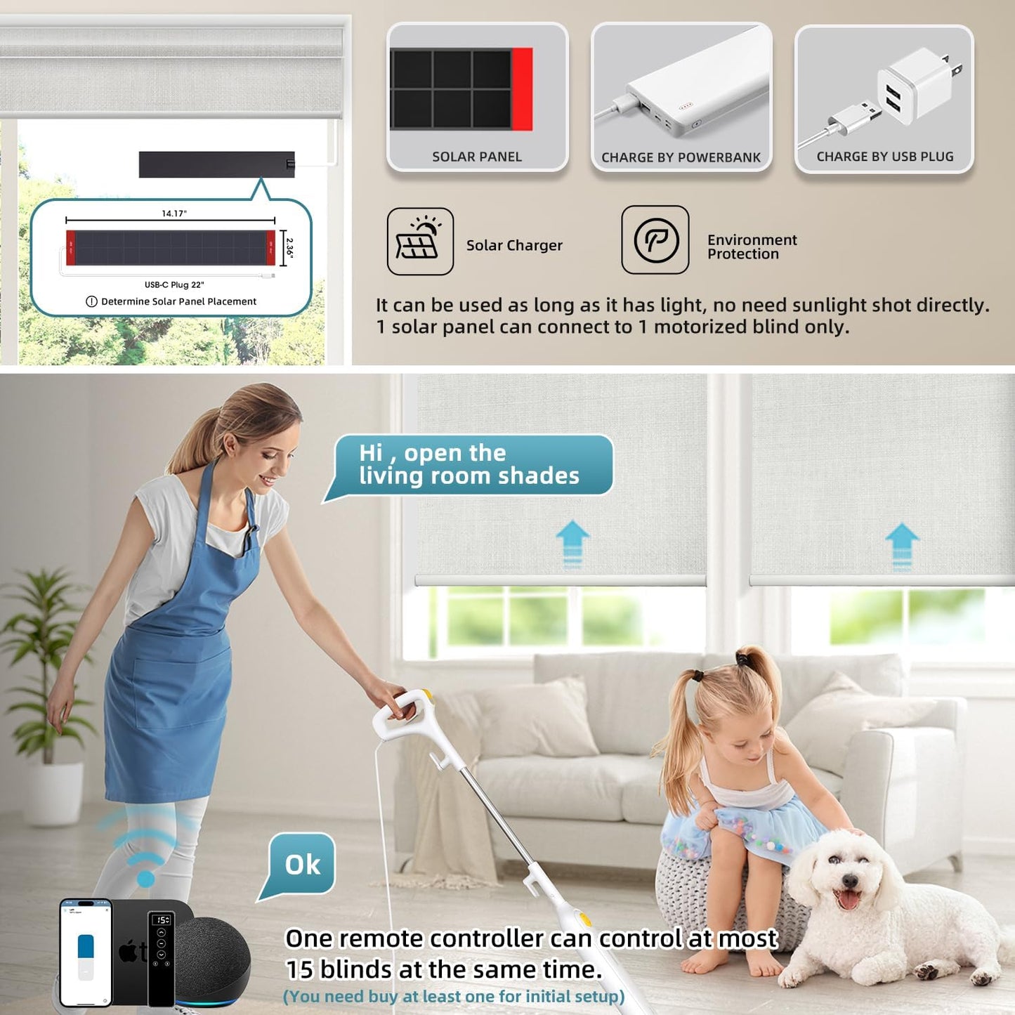 SmartWings Motorized 100% Blackout Shades Blinds, Custom Size, Cordless Window Shades with Rechargeable Battery, Work with Matter/Apple HomeKit, Alexa, Thread/Zigbee, Remote Optional, Vigor White