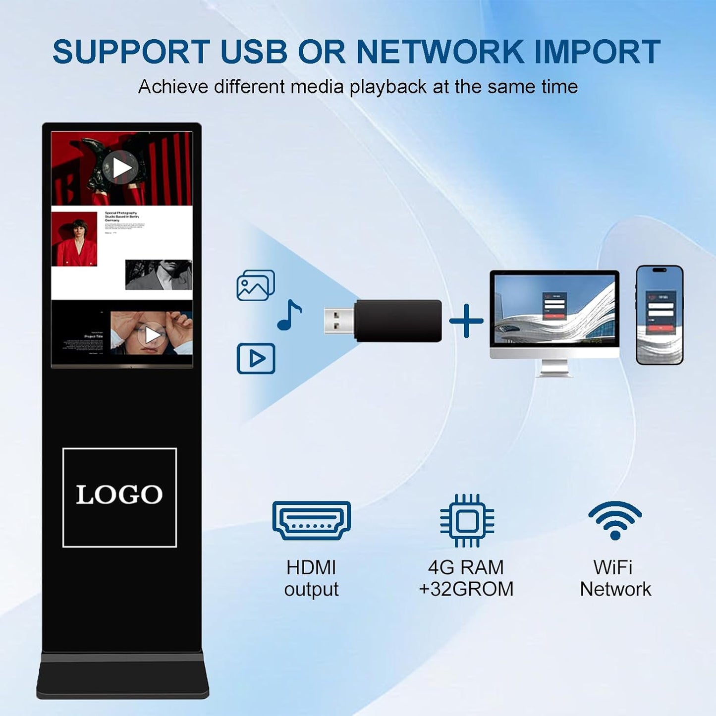 65 in Digital Signage Display, 4k Floor Standing LCD Touch Interactive Display Screen,with WiFi USB/App Software Input Digital Totem Auto Ad Player Android 14 (4+64G)