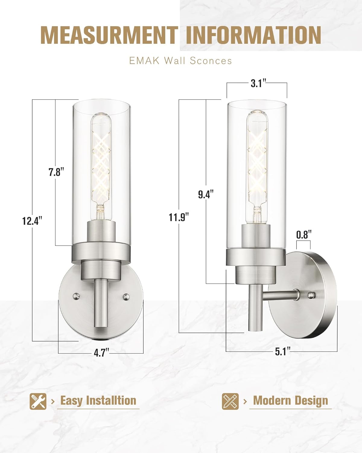 Emak Modern Wall Lights, Brushed Nickel Wall Sconces Set of 2, Bathroom Vanity Light with Clear Glass Shade for Bathroom, Bedroom, Living Room, Hallway, WS085-BN-2PK