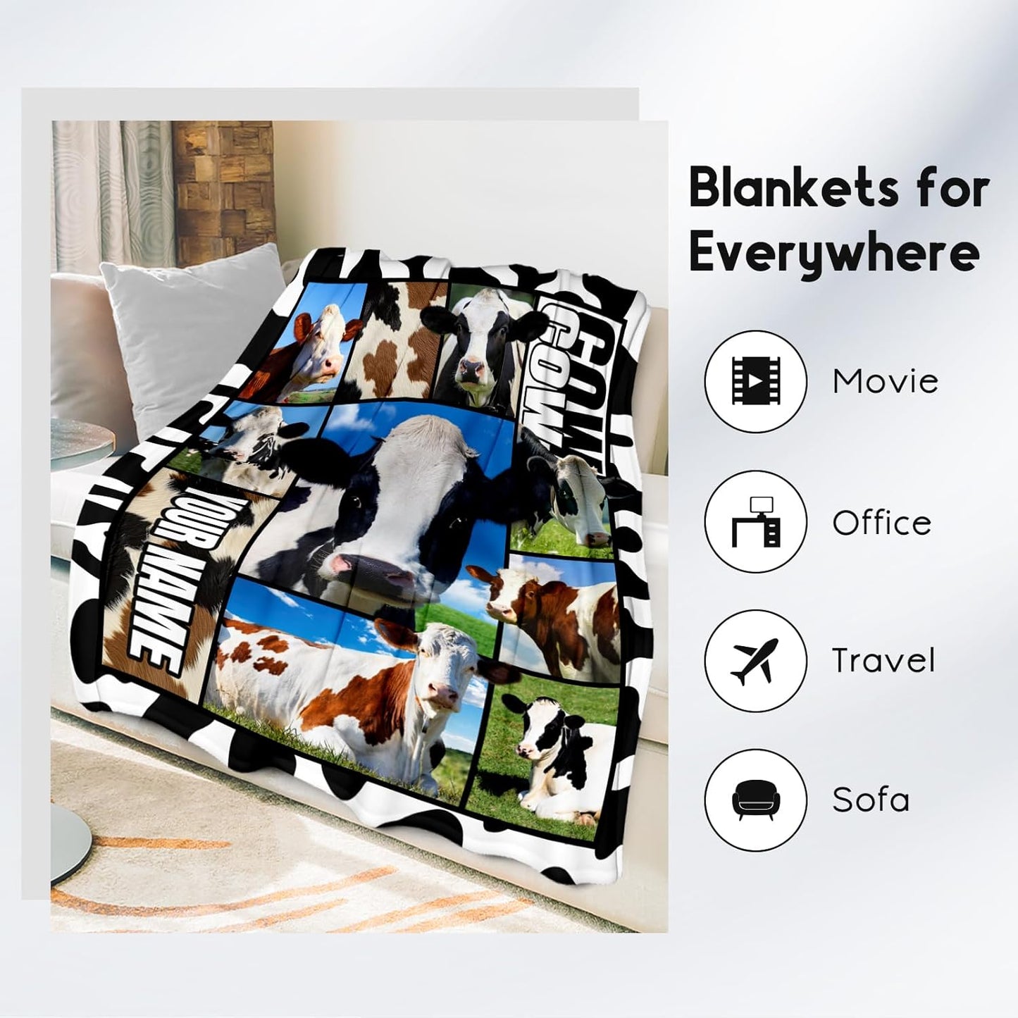 Custom Cow Blankets and Throws, Personalized Cow Gifts for Women Girls, Soft Fluffy Fuzzy Farmhouse Blanket Country Home Decor, 30"x40" Animal Pattern Throw for Couch Sofa