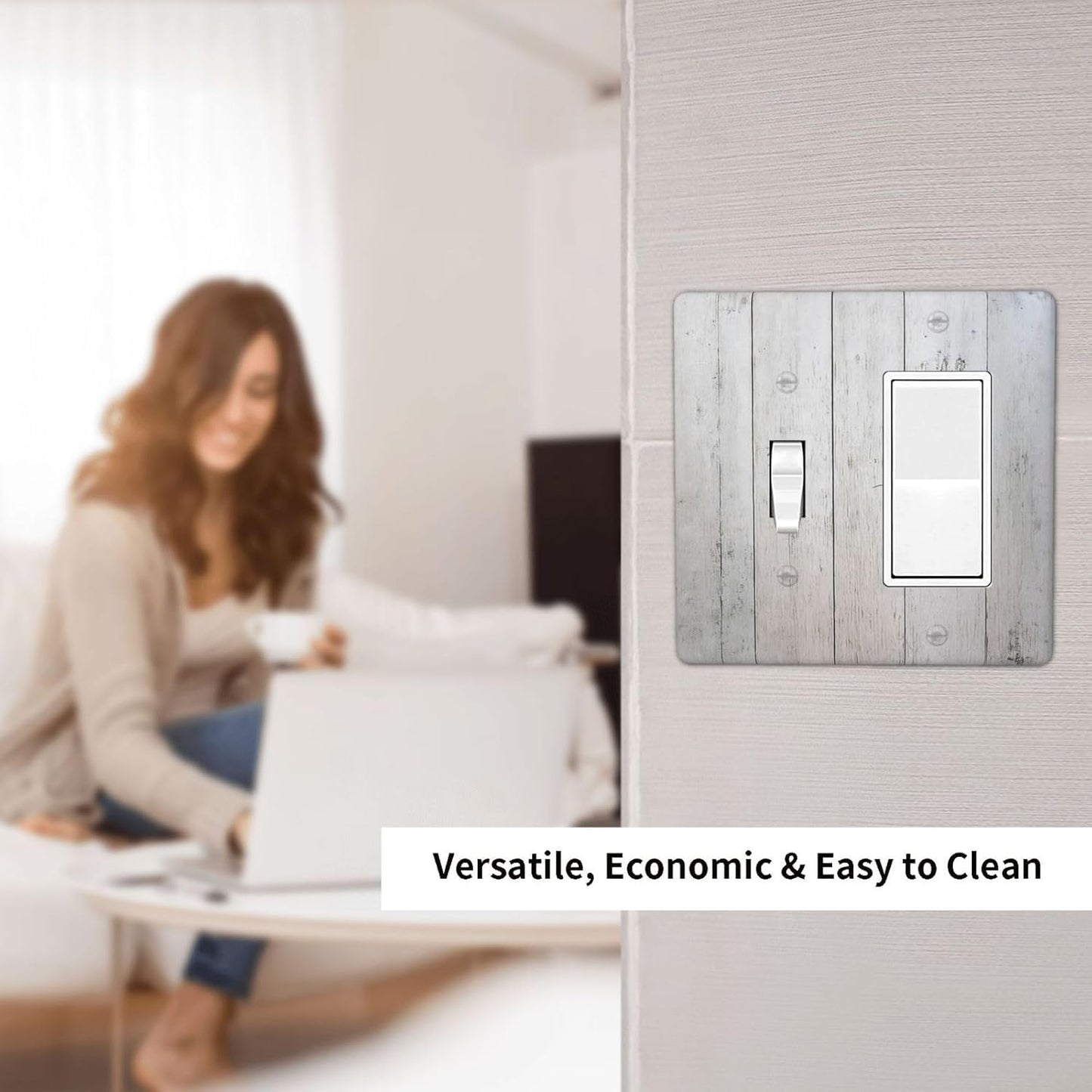 Rustic White Grey Wood Grain Outlet Covers 1 Toggle 1 Rocker Combination Light Switch Cover Plate Decorative Wall Plate Electrical Switch Plates for Bedroom Bathroom Decor