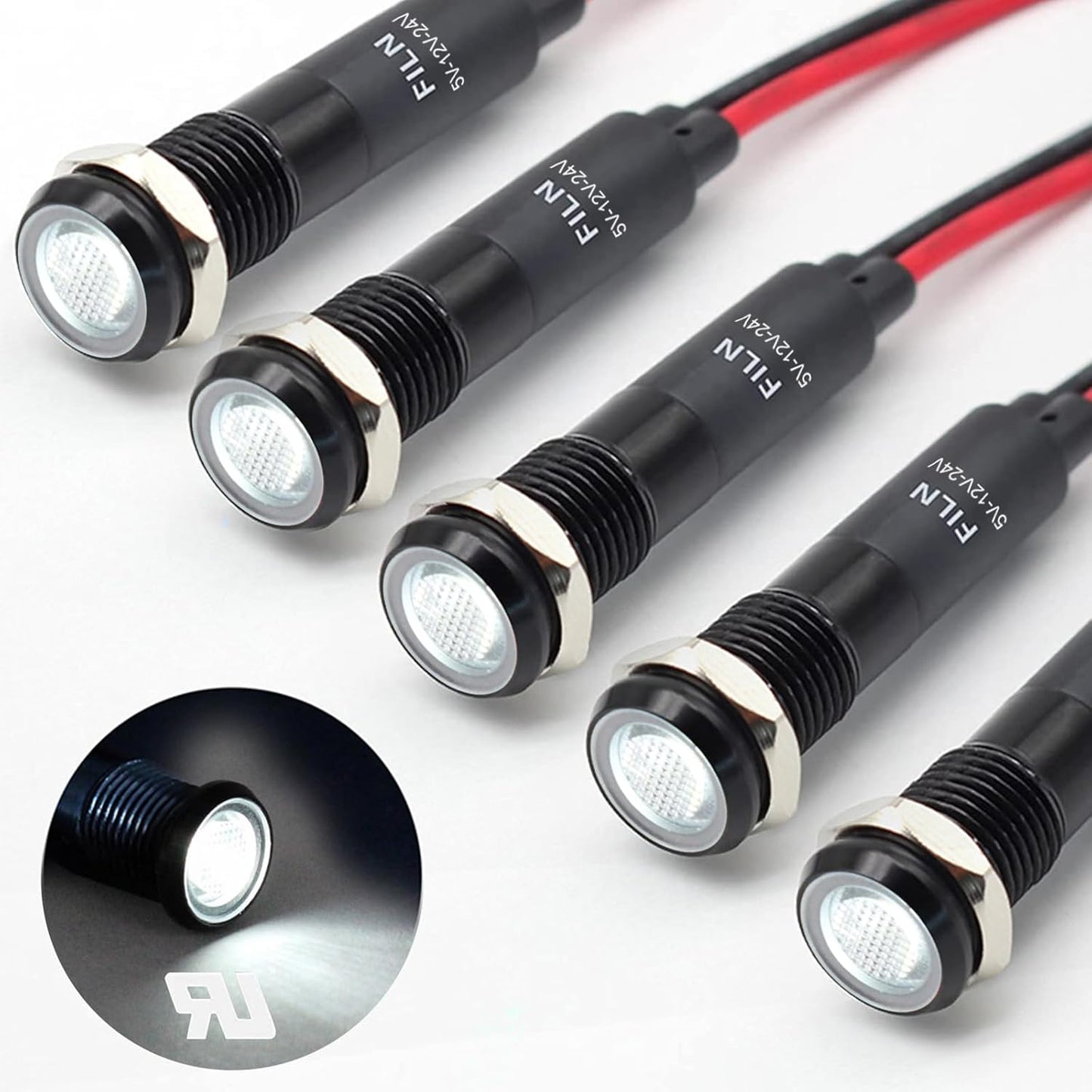 5Pcs 8MM (5/16") Indicator Light 12v 24v Metal Pilot Lamp Lights Aluminum Black Anodized Waterproof ip67 White Signal Lamp Light(12V-Black Anodized-W 5Pcs)