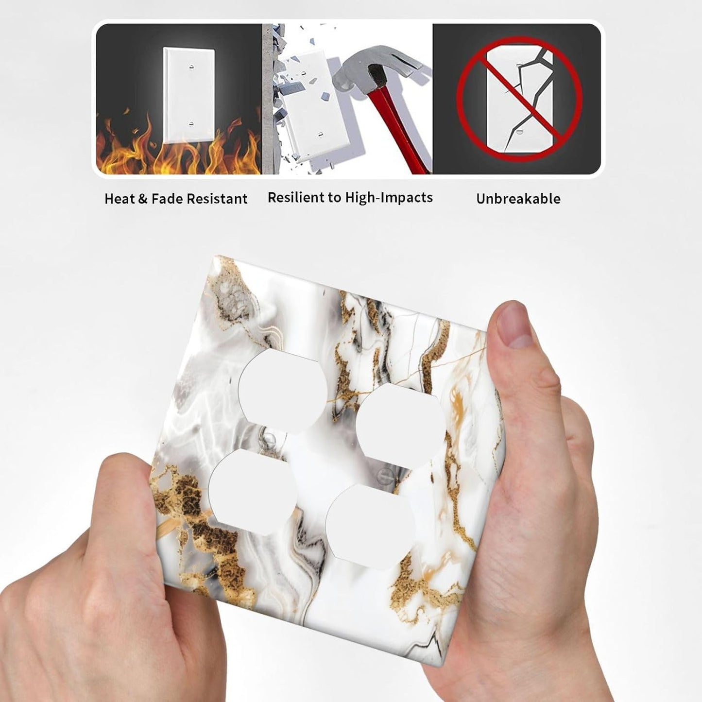 Luxurious Marble Abstract White Gold Tile Modern Simplicity Outlet Covers 2 Gang Double Duplex Decorative Light Switch Covers Electrical Wallplates Socket Faceplate for Bathroom Kitchen Decor