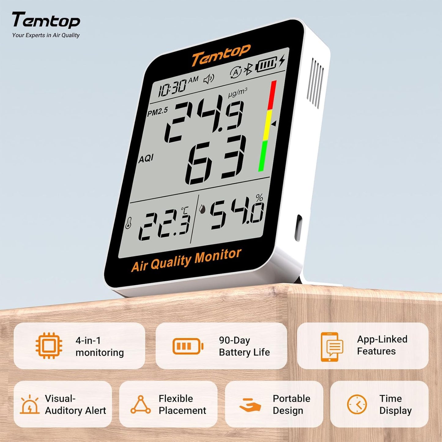 Temtop Smart Air Quality Monitor - Indoor Air Quality Meter with PM2.5, AQI, Temperature and Humidity Detector for Home, Office or School, App Connectivity, OTA Updates, 60-Day Battery Life