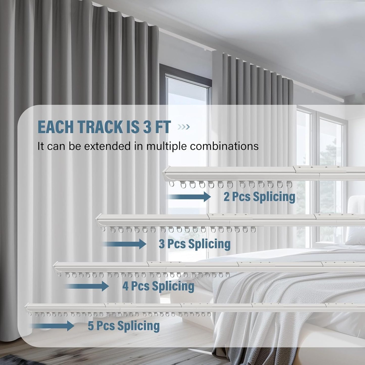 Curtain Track Ceiling Mount heavy duty sliding Curtains Tracks rails Rod System Room Divider with clips 9-12ft White