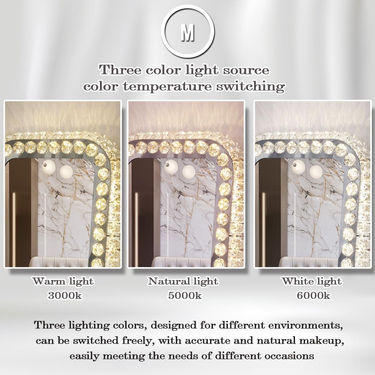 Hollywood Crystal Vanity Mirror with Lights 3 Color Adjustable Brightness Light 360° Rotation Large Crystal Lighted Vanity Mirror for Tabletop Desk Crystals LED Makeup Mirror with Lights