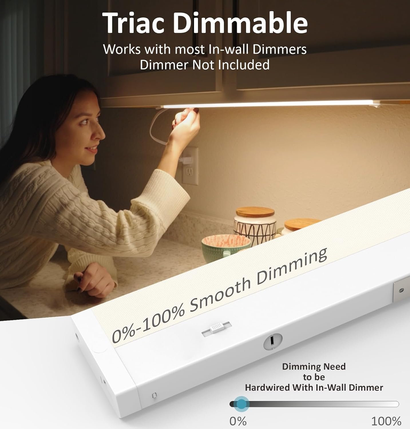 LED Under Cabinet Lighting Hardwired or Plug in, 18 Inch 9W, Dimmable 5 Color 2700K/3000K/3500K/4000K/5000K, Linkable Eyes Care Design Counter Lights for Kitchen, Sink, ETL Listed, White