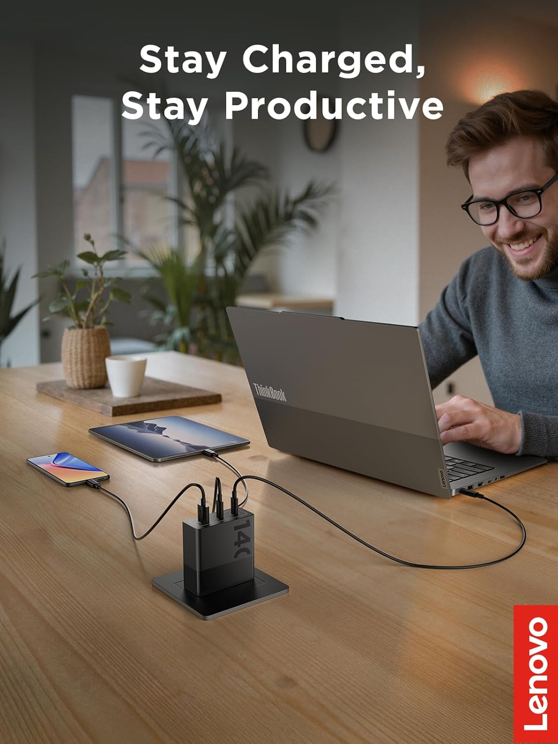 Lenovo 140W USB C Charger, GaN Power Adapter with 3-Port Fast Charging, PD 3.1 Compatible, Black, for ThinkPad, MacBook, iPhone, Samsung Galaxy, with 240W Cable