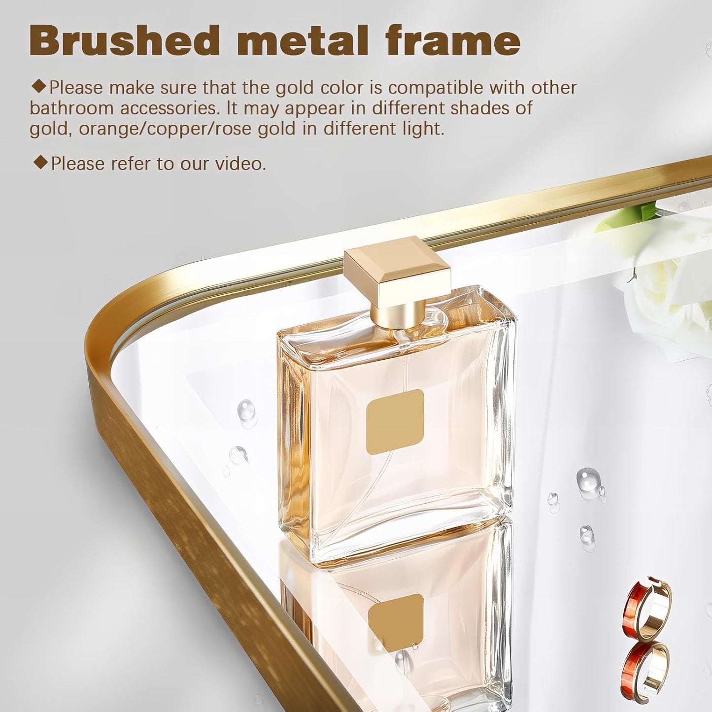 Rectangle LED Bathroom Mirror, 48"x30" Anti-Fog Double Touch Lighted Wall Vanity Mirror 45° Beveled Metal Frame Stepless Adjustable Color Temperature Smart Mirror 3000K-6000K, Gold