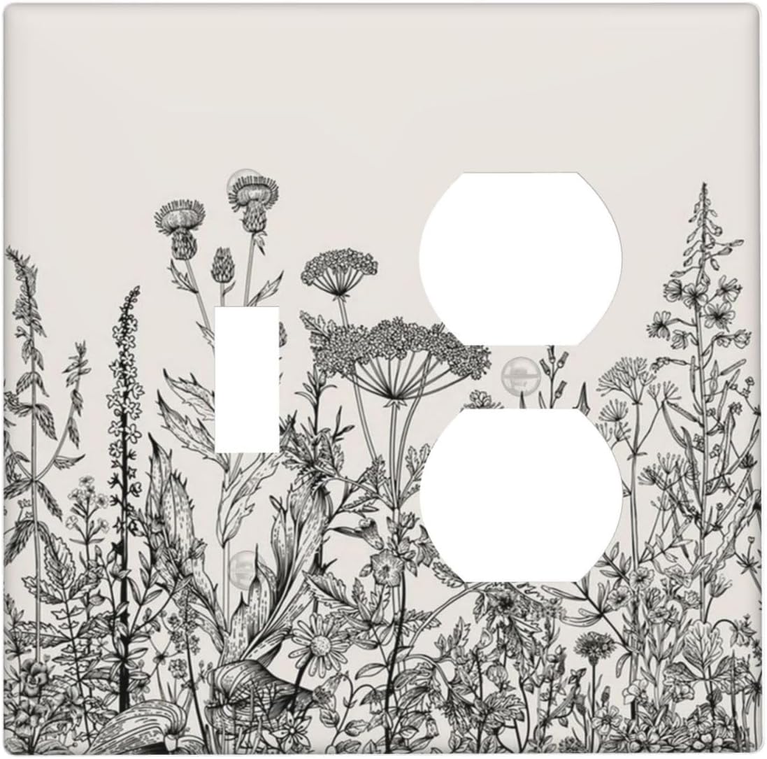 Decorative Outlet Covers Beige Skech Plant Leaves Flowers 2 Gang Wall Plate Cover Single Toggle Duplex Combo Two Switch Light Switch Cover Plate Jumbo Dual GFCI Faceplate