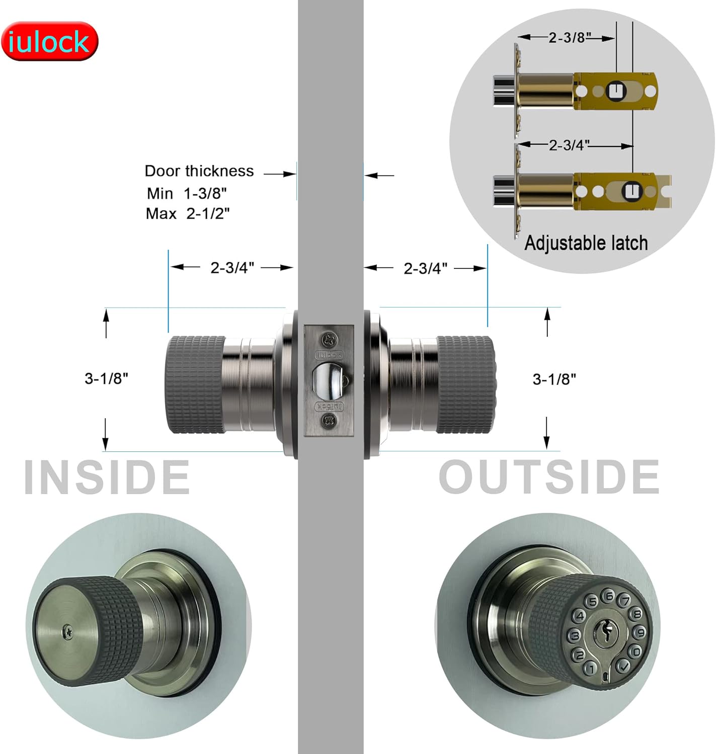 Smart Door Knob with Keypad and Key,Keyless Entry Door Lock with Rubber Grip, Auto Lock,50 User Code,Waterproof, Easy to Install and Program for Bedroom(Stain Nickel Same Key 2 Pack)