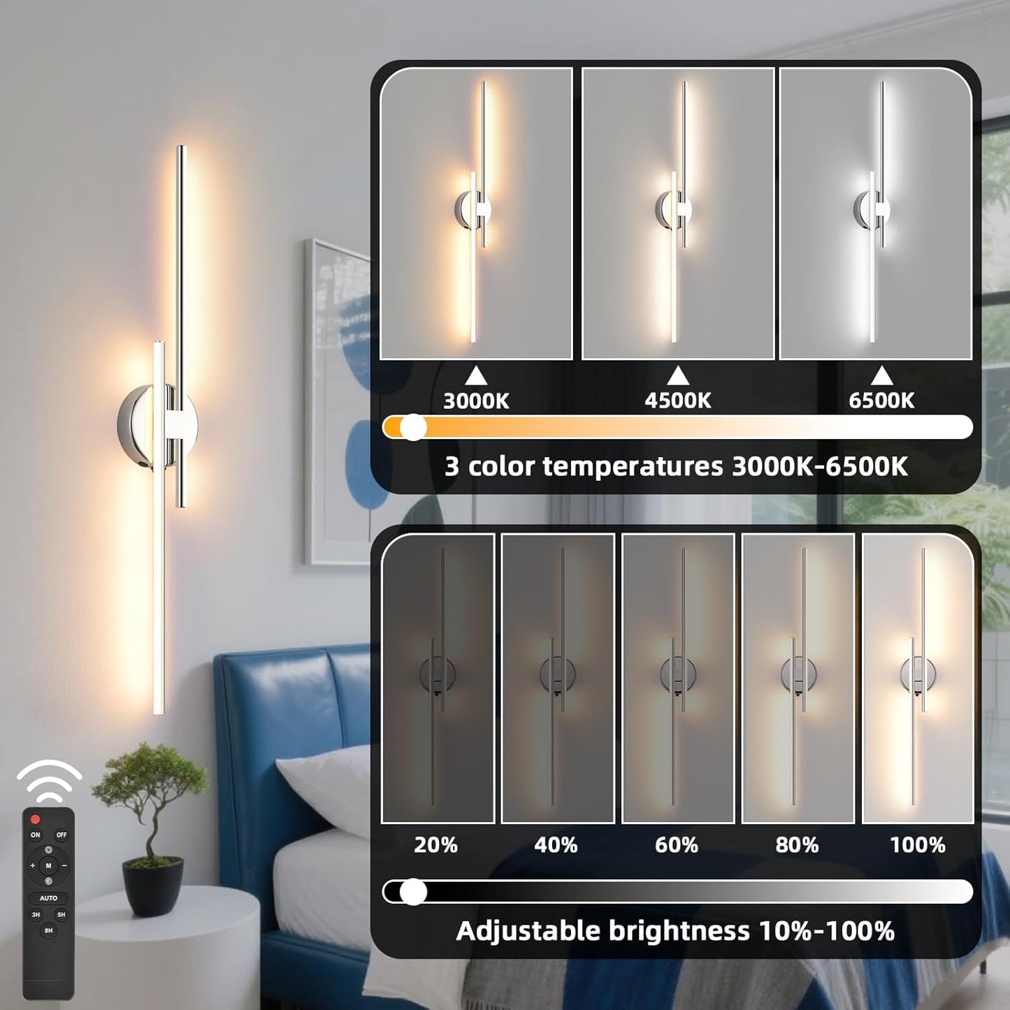 Wireless Battery Operated Wall Sconces with Remote, USB Rechargeable Led Wall Lights, 3000K-6000K Chrome wall sconces for Bedroom, Hallway, Living Room. Chrome 31.4-Inch Wall Light Set of Two