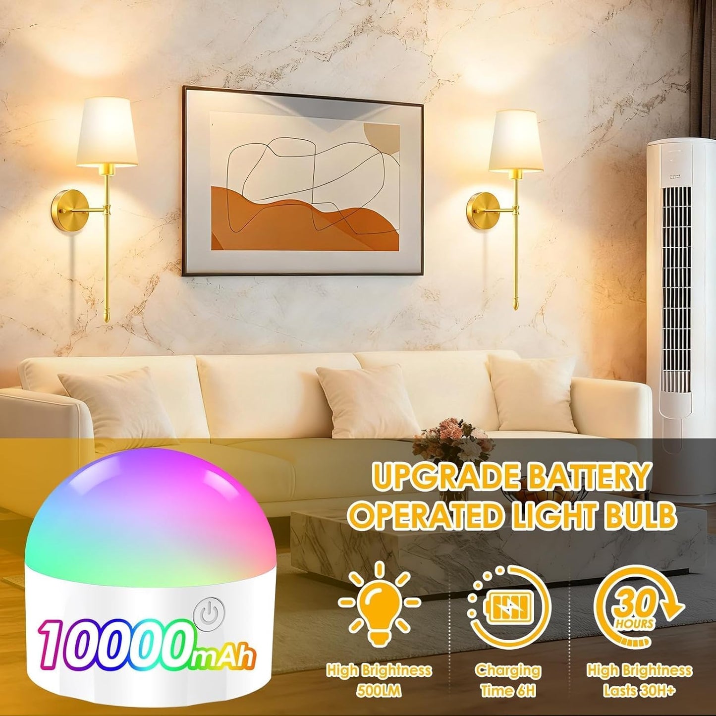 OCATO Battery Operated Wall Sconce: 10000mAh Wireless Wall Sconces Set of Two Rechargeable Lamp Dimmable Magnetic Lights with 7 RGB Colors and Remote Home Decor Walls Decor for Bedroom Living Room