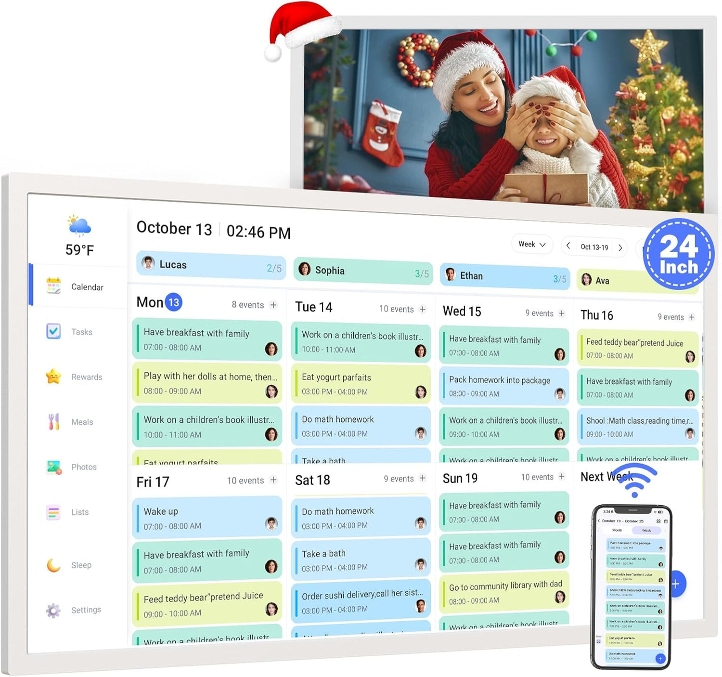24" Smart Calendar Digital Chore-Chart-for-Planner - Touchscreen Display Electronic Calendar for Family Schedules, 32GB, Auto-Sync Google iCloud Outlook Calendars, Wall Mounted Household Organization