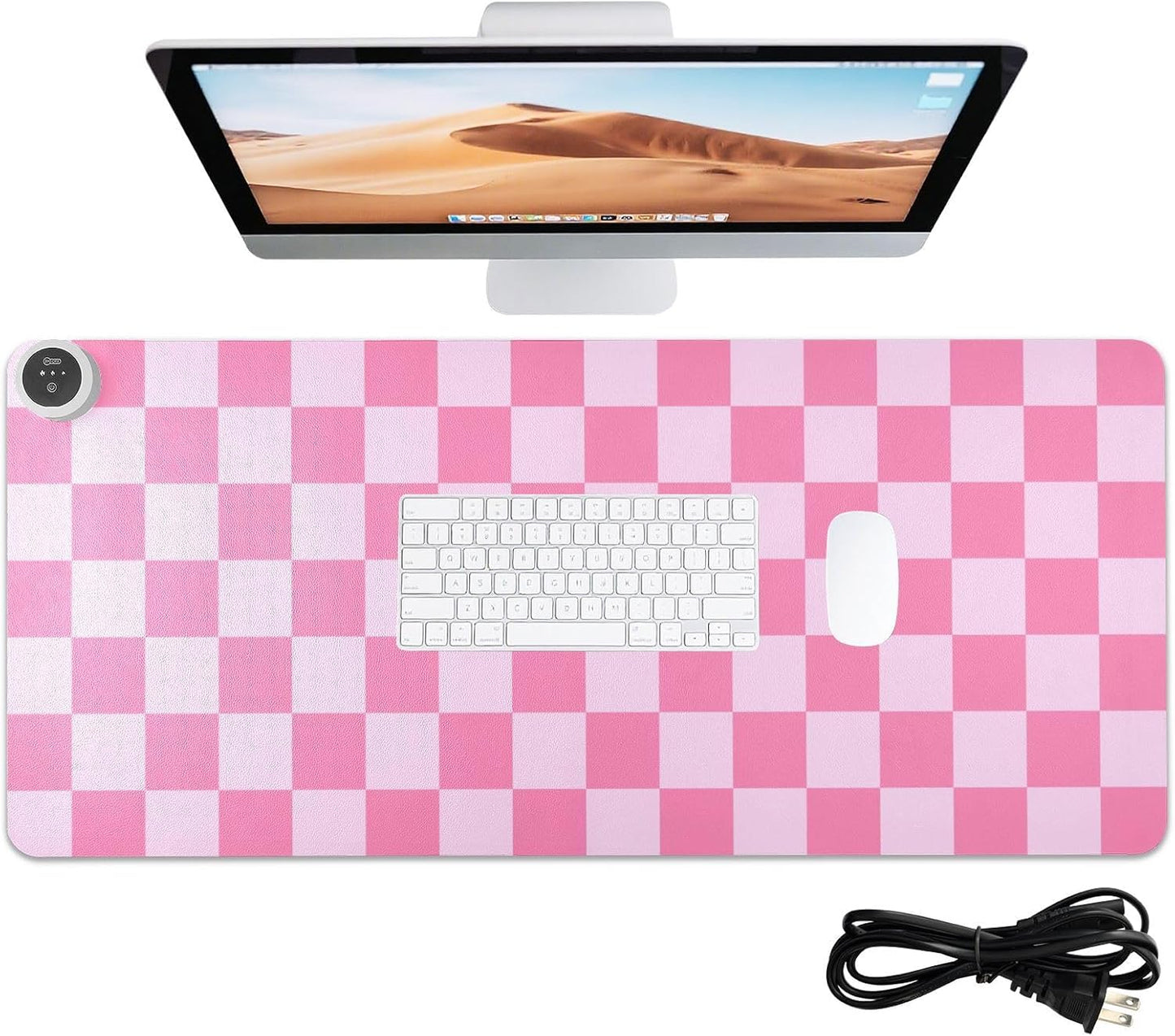 Checkered Pink Heated Desk Pad Mouse Pad 31.5x13 Inch PU Leather Desk Mat with 3 Heat Levels Large Mouse Gaming Computer Laptop Mat