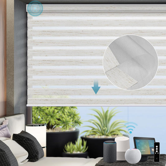 SmartWings Motorized Zebra Shades with Valance Work with Alexa Thread Homekit Z-Wave Google Home, 85% Blackout Light Filtering Day Night Sheer Blinds Remote Control, Customized 16"-110"W, Linen White