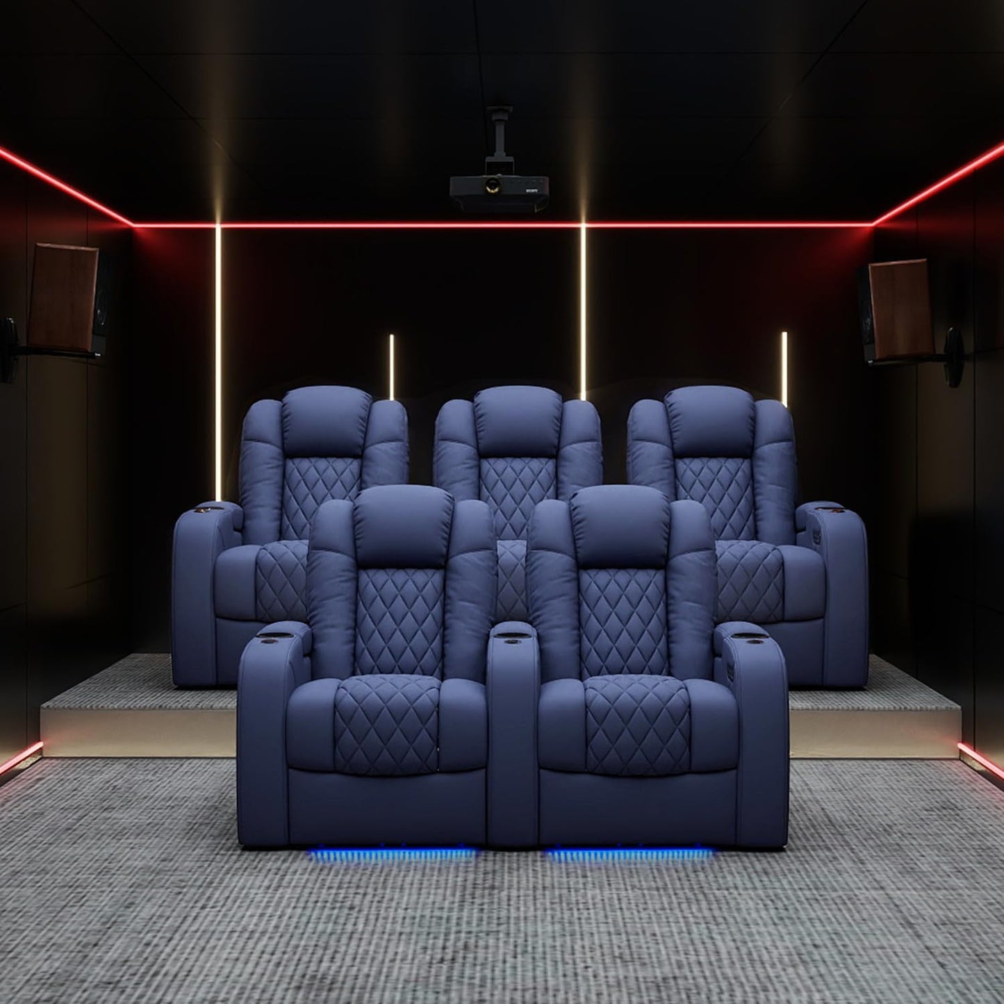 Weilianda Home Theater Seating Top Grain Leather Zero Gravity Recliner Chair Power Headrest Recline Movie Seat Gaming 7 Colors Mood Light Sofa with Tray Table USB Charge Row of 4 Loveseat Left Blue
