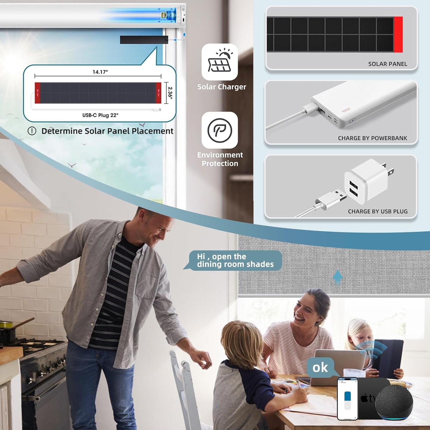 SmartWings Motorized Roller Shades Work with Homekit, Alexa Google, 100% Blackout Smart Blinds for Windows, Cordless Remote Control Window Shades, Vigor Pale Grey, Customized Size