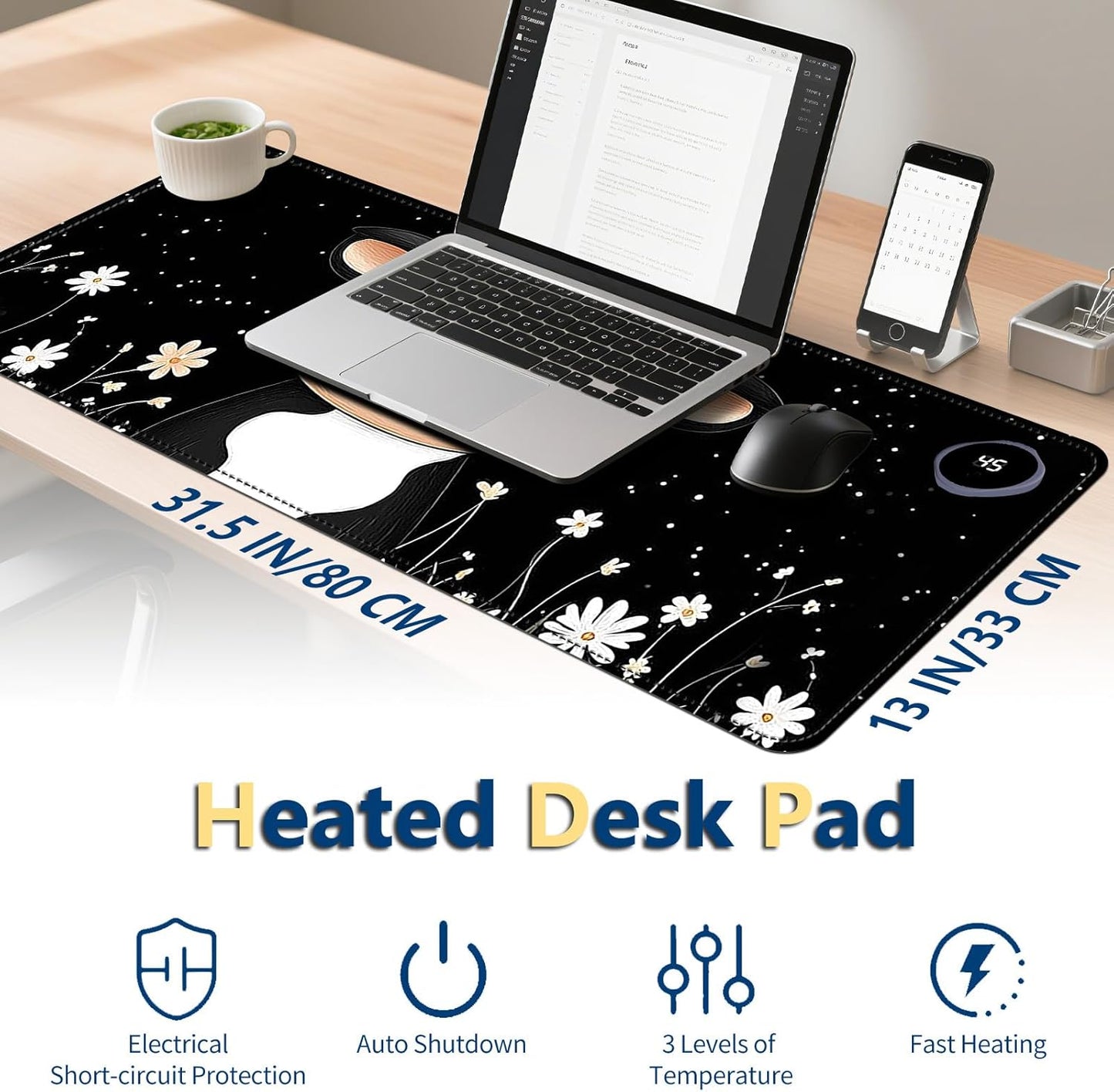 Heated Mouse Pad with 3 Temperature Settings(104°F–122°F),Large 31.5x13 Inch PU Leather Heated Desk Mat,Waterproof Warming Pad for Office,Gaming & Cold Hands Relief,Cute Black White Cow