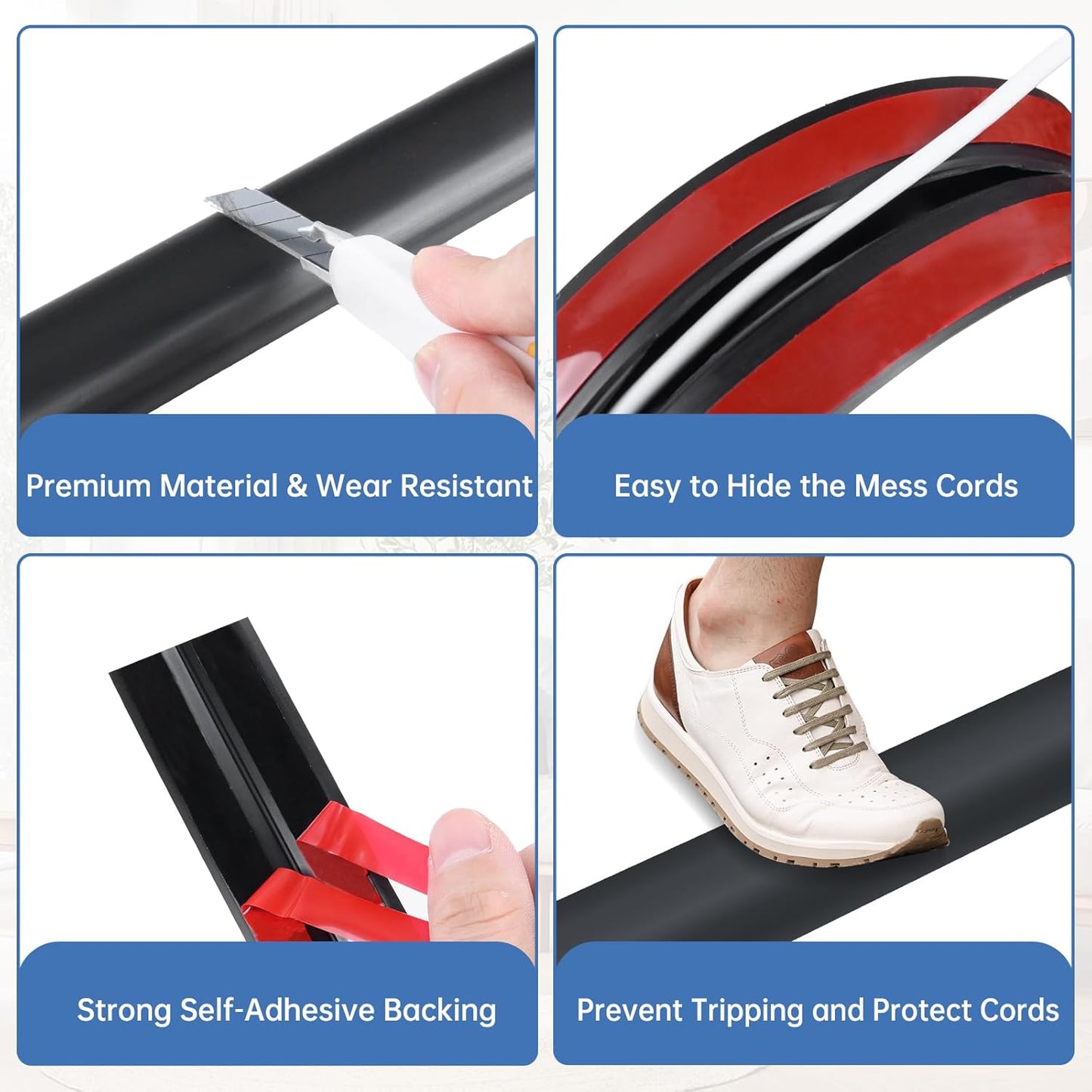 Floor Cord Cover Self Adhesive Cord Hider Floor Extension Cord Covers for Floor Power Cord Protector Cable Management Prevent Cable Trips Cable Cavity 0.59" W x 0.31" H (Black, 10Ft)