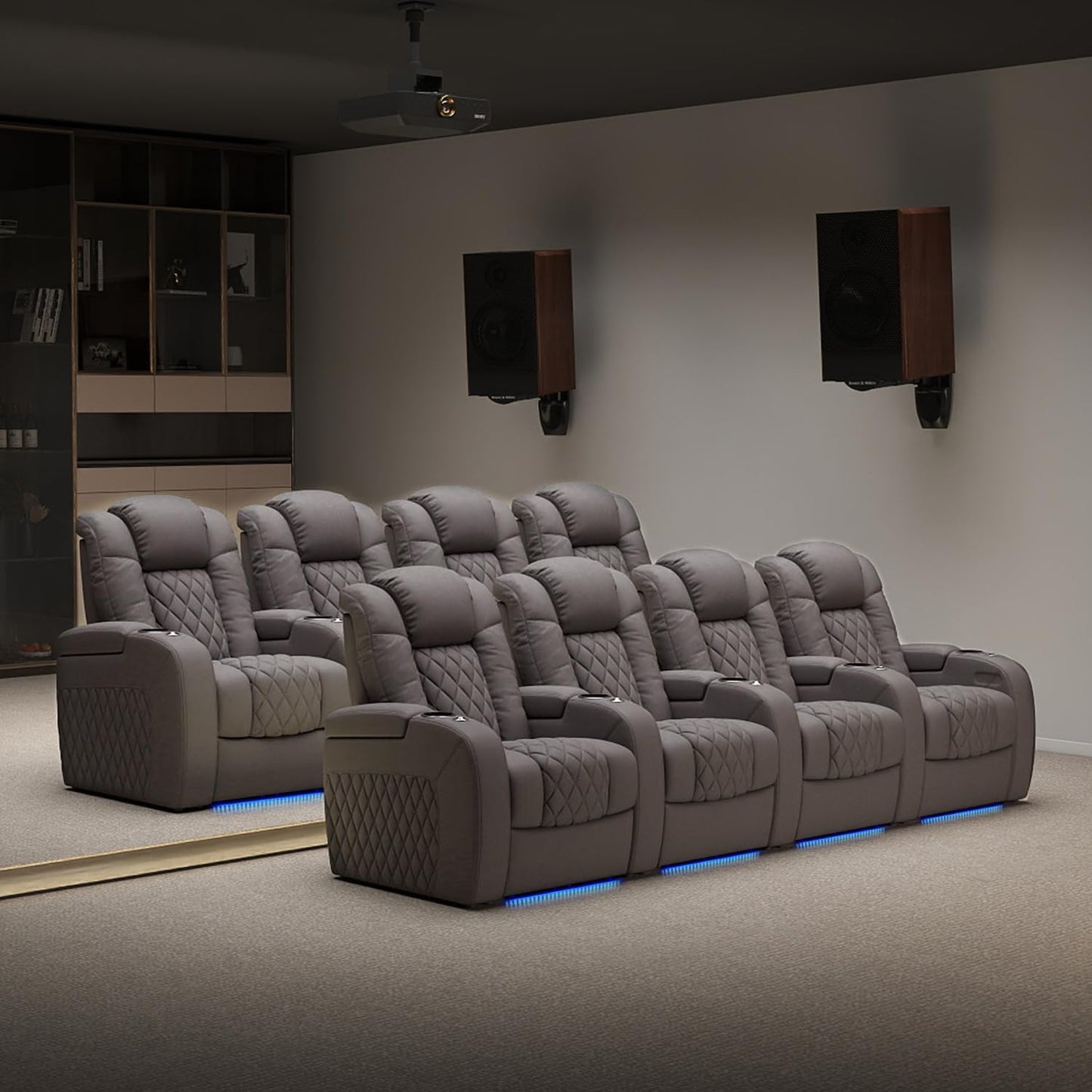 Weilianda Home Theater Seating Top Grain Leather Zero Gravity Recliner Chair Power Headrest Recline Movie Seat Gaming 7 Colors Mood Light Sofa with Tray Table USB Charge Row of 2 Grey