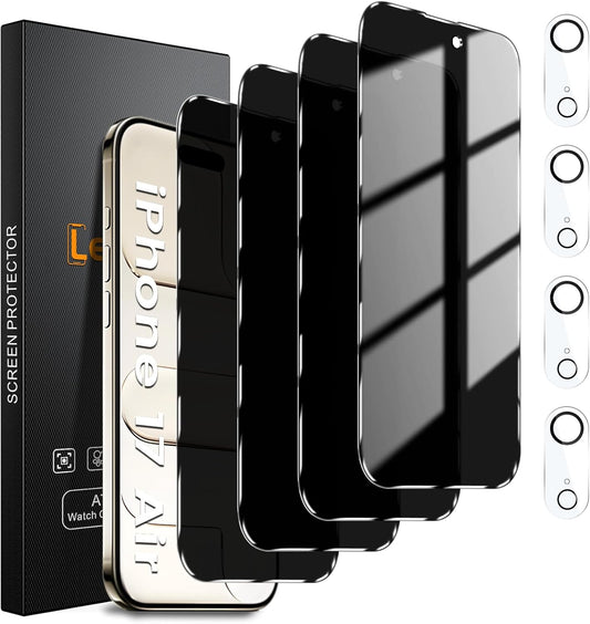 4 Pack Privacy Screen Protector for iPhone 17 Air 6.5-Inch with 4 Pack Camera Lens Protector, Anti Spy Tempered Glass Film 9H Hardness Bubble Free Case Friendly