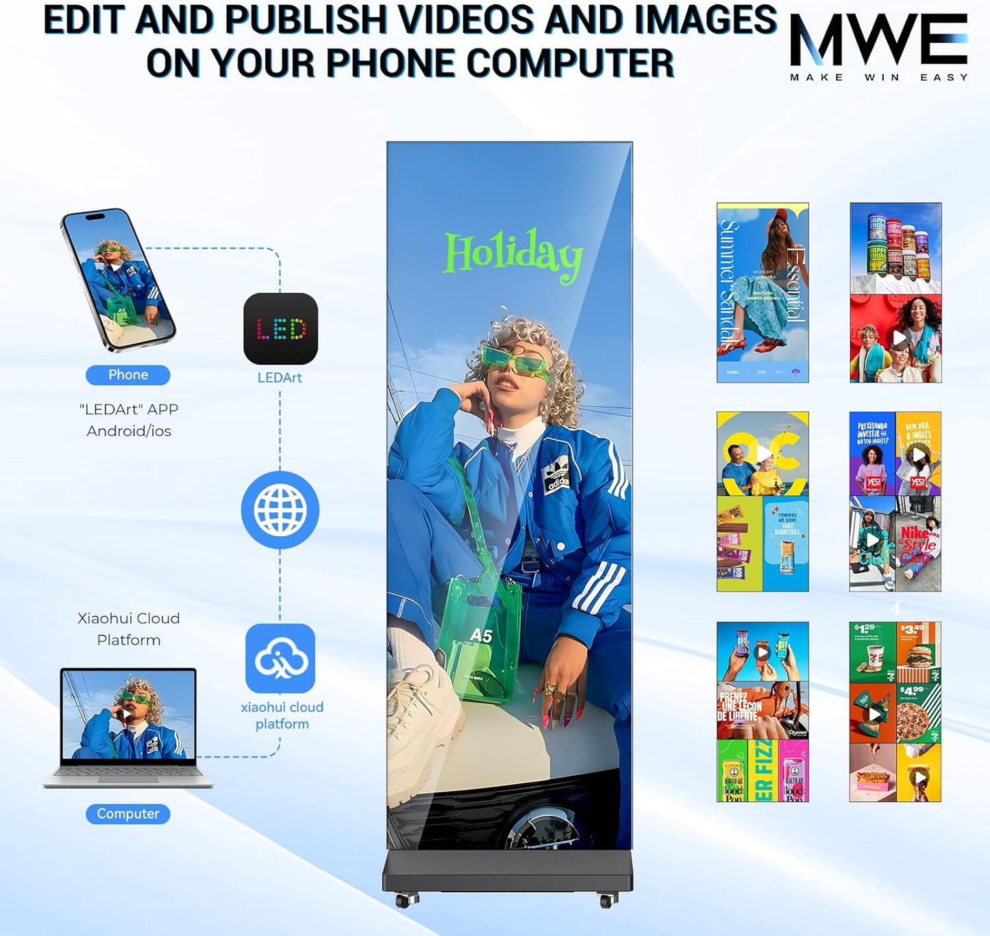 80 Inch LED Digital Signage Display, Foldable Seamless Stitching Kiosk, P1.86 GOB LED Screen Poster with Flight Case, Commercial Advertising Display for Events, Rentals and Weddings (Black, 1 Unit)