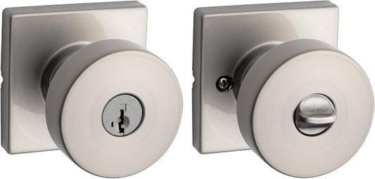 Kwikset Pismo Entry Door Knob with Lock and Key, Secure Keyed Handle Exterior, Front Entrance and Bedroom, Satin Nickel, Pick Resistant SmartKey Rekey Security and Microban