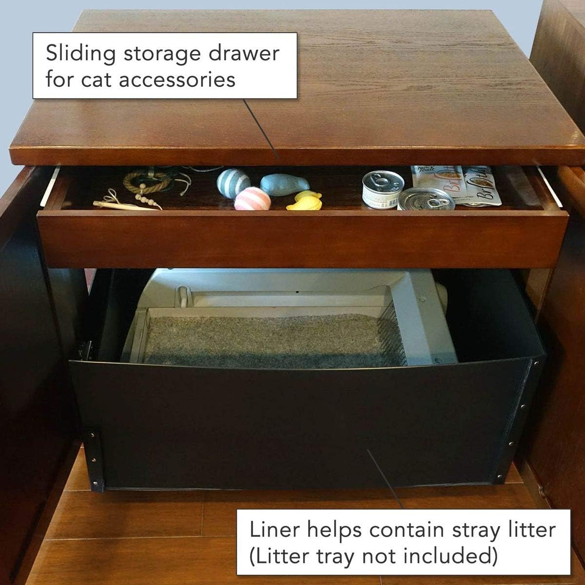 THE REFINED FELINE Cat Litter Box Enclosure Cabinet, Shaker, Mahogany Brown, Round Feet, XLarge, Hidden Litter Cat Furniture with Drawer