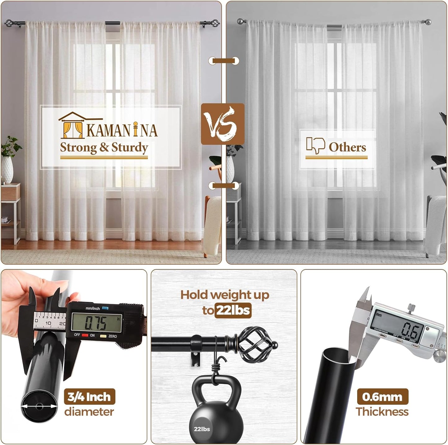 KAMANINA 2 Pack Curtain Rods 32 to 58 Inches (2.6-4.8ft), 3/4 Inch Black Curtain Rods for Windows Splicing Adjustable Single Drapery Rod with Twisted Cage Finial, for Indoor and Outdoor