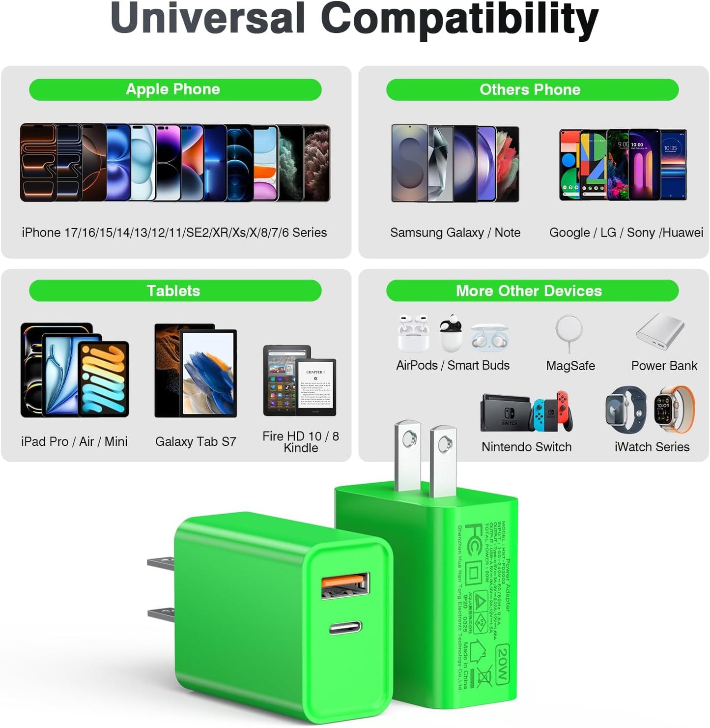LCGENS 2-Pack USB C Wall Charger, 20W Type C Fast Charger Block Plug Dual Port PD + QC3.0 USB A Charging Brick Cube for iPhone 16/15/14, iPad,Galaxy S25/24, Google Pixel, Motorola,(Bright Green)