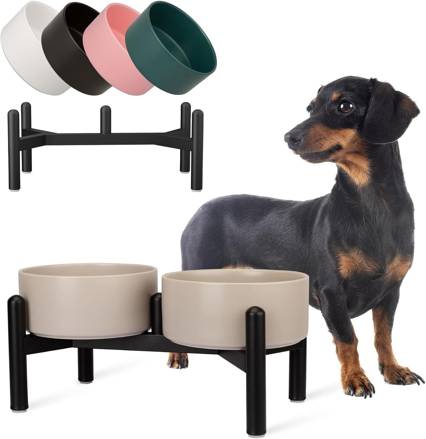 Raised Ceramic Dog Bowl Set - Elevated Double Dishes with Stainless Steel Stand - Food and Water Bowls for Small to Medium Dogs - Each Holds 2 Cups (28.75 fl oz) - Grey