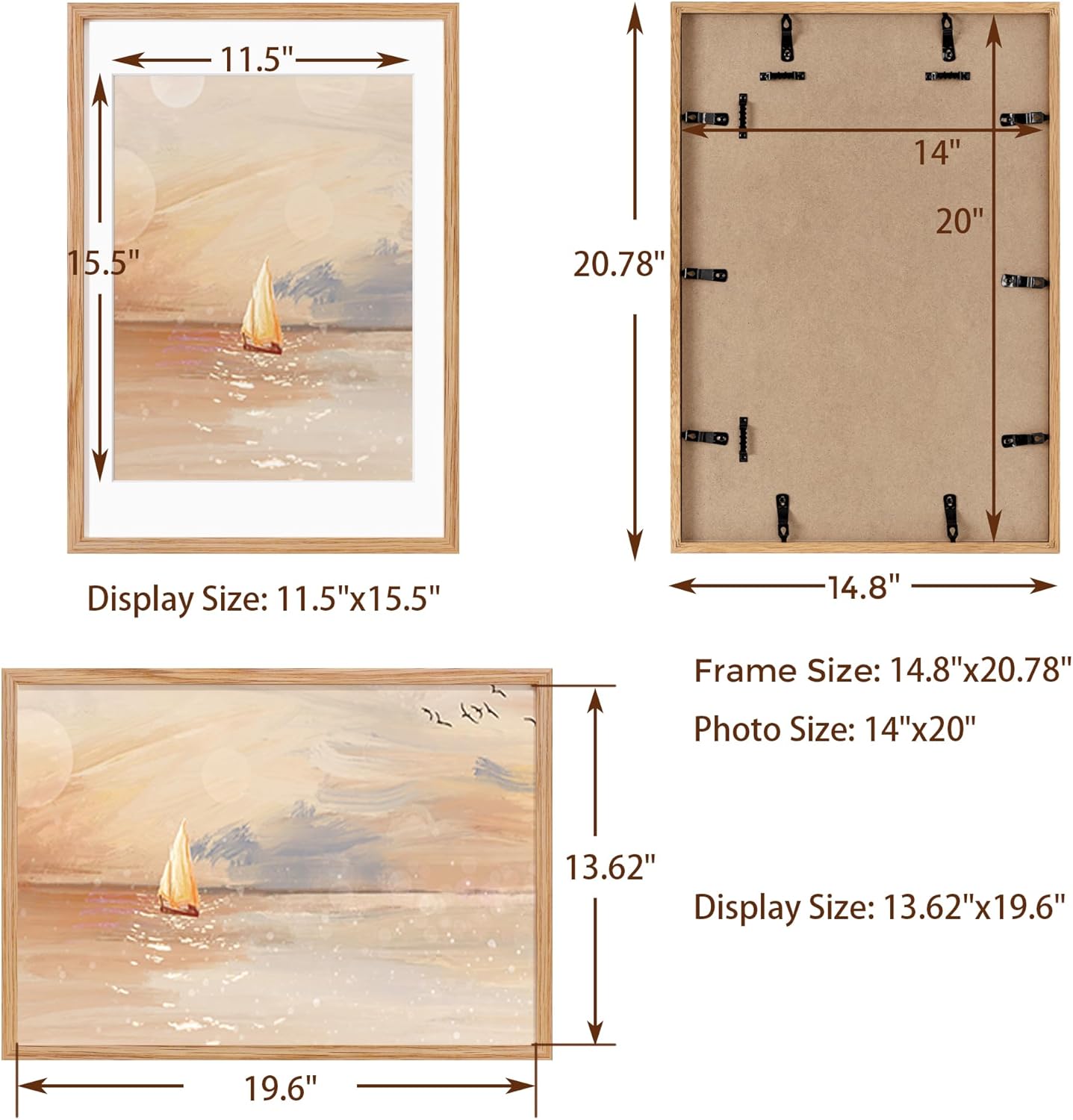 Fun Memories 14x20 Picture Frame, Solid Oak Wooden 14"x20" Photo Frame for Wall, 14 x 20 Frame Matted to 12 x 16, Tempered Real Glass, 14 x 20 Collage Gallery Frames (Natural Oak Color, 1 Pack)