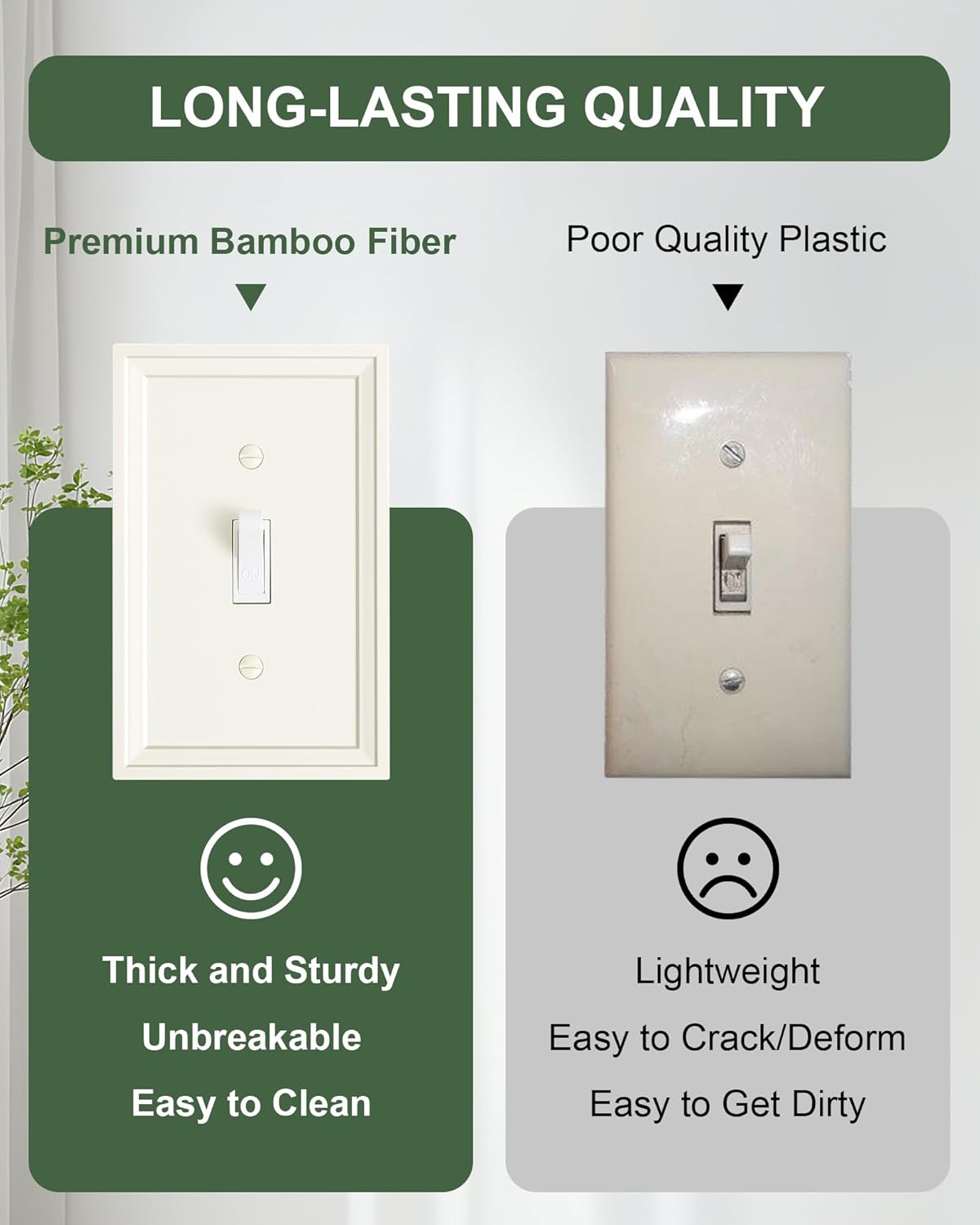2-Pack Single Toggle Light Switch Covers Wall Plate, Light Almond Decorative Switch Plate Covers, 1 Gang Natural Bamboo Fiber Wall Plate, Corrosion Resistant