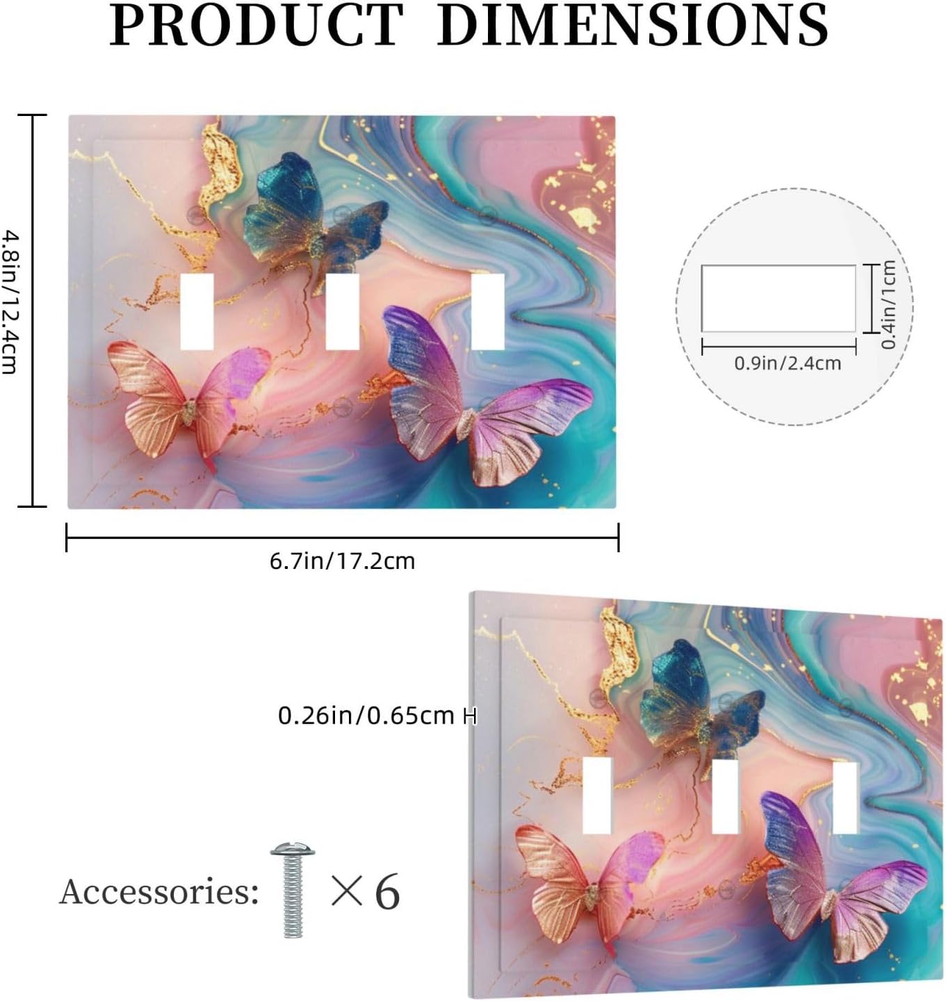 Colorful Marble Butterfly Gold Glitter Abstract Print Decorative Switch Plates 3 Gang Wall Plate Triple Toggle Light Switch Cover Faceplate Electrical Wall Panels for Bed Room Living Room Decor