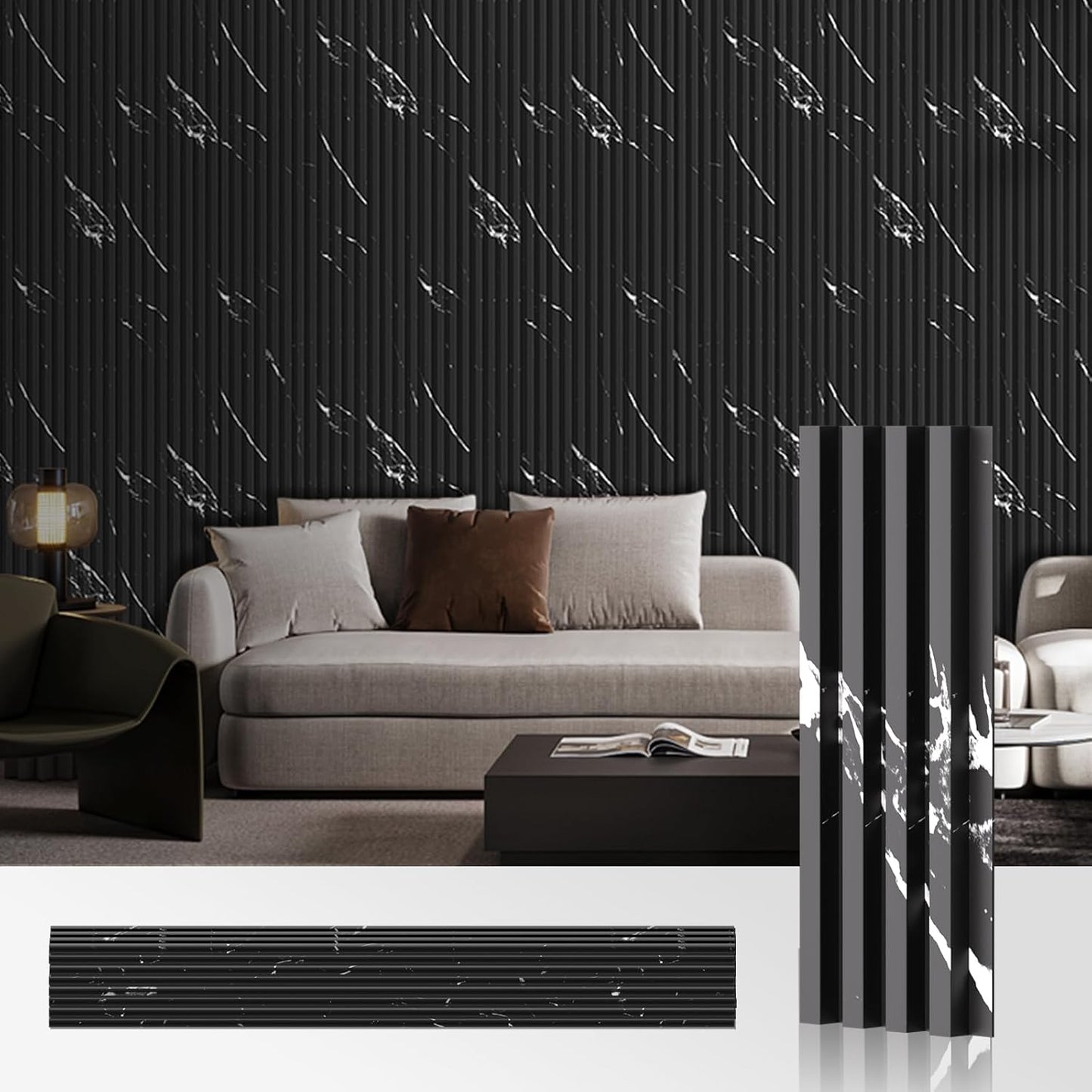 OUZUGIE WPC Acoustic Slat Wall Paneling, 8-Pack 114 x 6 Inches 3D Wall Panels for Interior Wall Decor,Living Room,TV Background,Study Room,Office Spaces,Bedroom,High Grille (Black Marble-1)