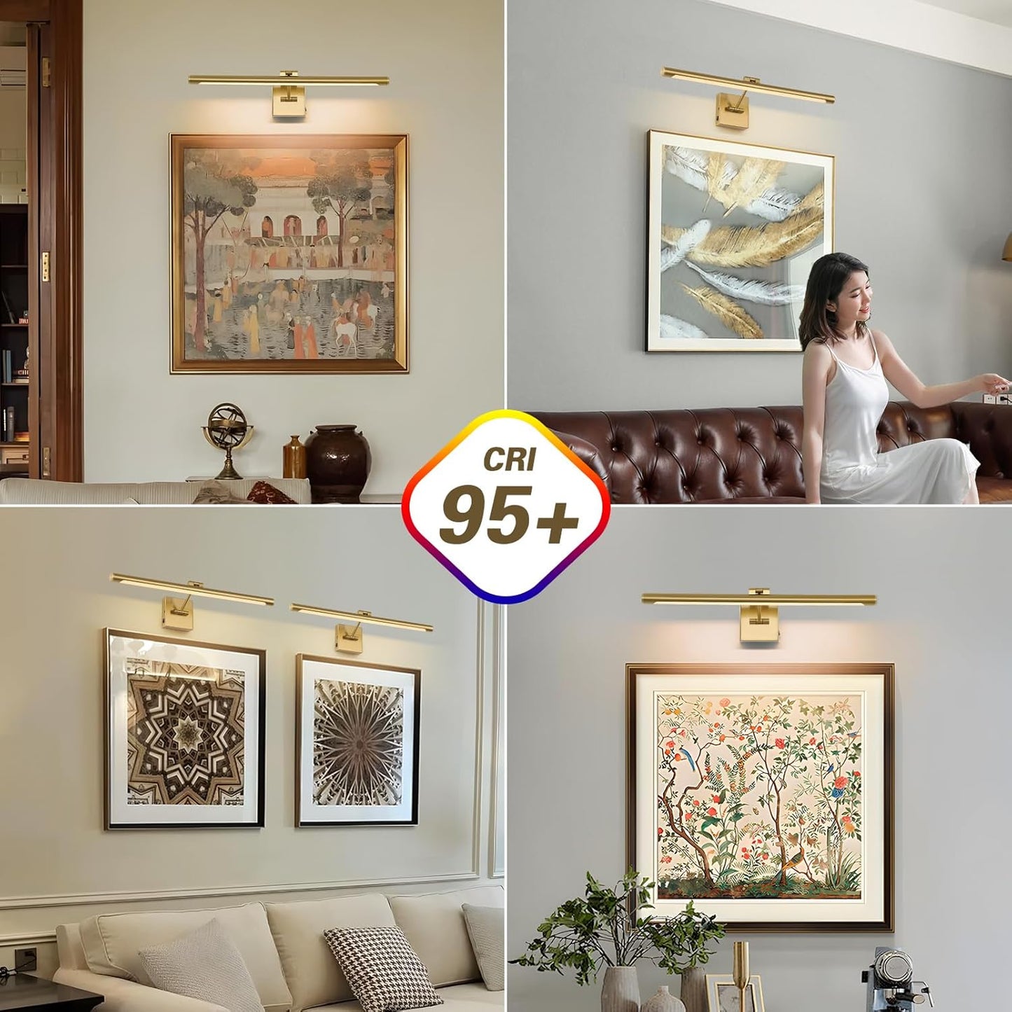 Joosenhouse Battery Operated Picture Lights for Wall Rechargeable Art Lighting for Paintings Wireless Gallery Lights with Remote Control and Dimmable Timed Off Brass Wall Lights 24.4 inch