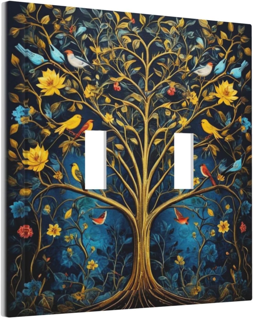 Gold Tree With Birds Flowers on Branches Light Switch Covers Double Toggle 2 Gang Wall Plate Dual Decorative Switchplate Electrical Faceplate for Farmhouse Decor