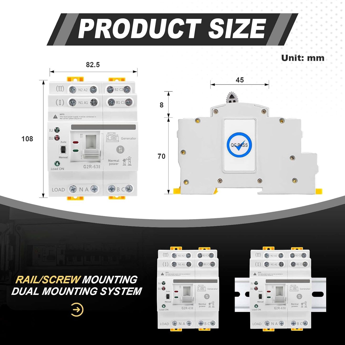 63Amp 110V AC Mini ATS Automatic/Manual Transfer Switch, 4Pole G2R Solar Auto Dual Power Changeover Switch for Home Generator, Din Rail Mounted 50/60Hz CE Certified for Rv, Lv, Cn Public/Backup Power