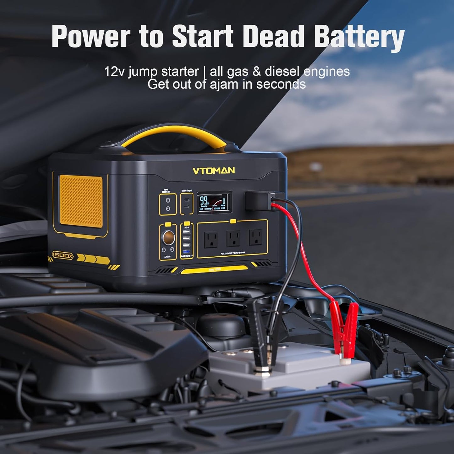 VTOMAN Jump 1500X Portable Power Station with Jumper Cables, 828Wh LiFePO4 Battery Solar Generator & Car Jump Starter, 1500W AC Outlet, 100W PD Type-C&Regulated DC for Home Backup Roadside Emergencies