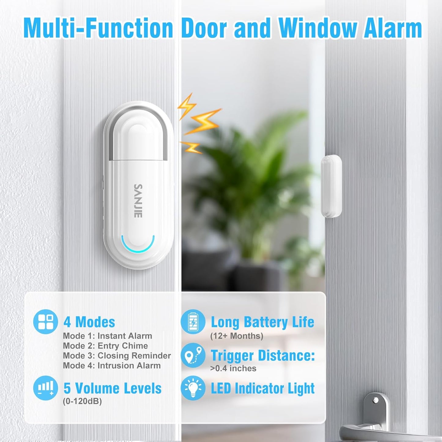 Sanjie Door Alarms for Kids Safety/Home Security/Dementia,Pool Door Alarm Wireless,4 Working Modes,0-120dB Volume Adjustable,Window Door Alarms When Opened,1 Sensor 1 Remote Control